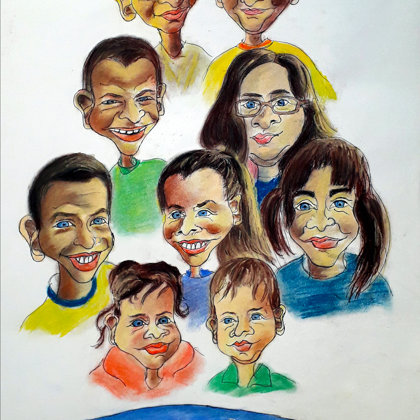színeskarikatúra egy családról. A/2 műszaki rajzlap színes pasztellkréta rendelésre készül