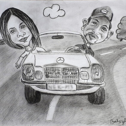 karikatúra egy fiatal párról  A/3-as méret szénceruza rajz rendelésre készült