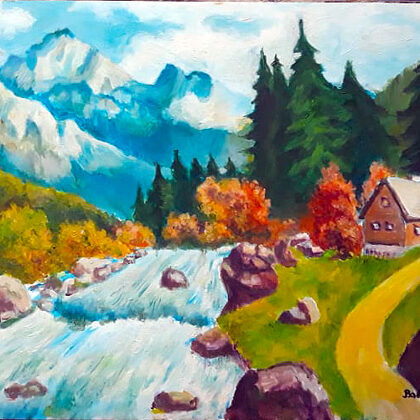 Hegyvidéki táj patakkal olaj-farost egyedi rendelésre készült