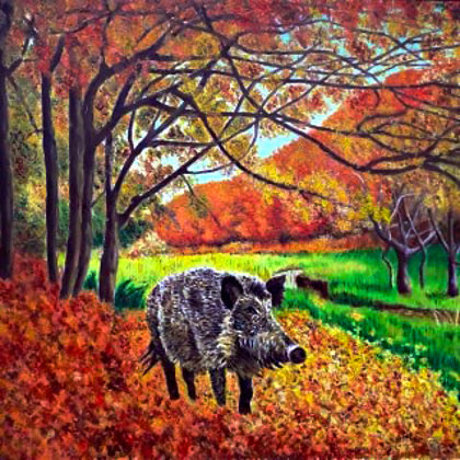 Vaddisznó őszi természeti környezetben. Olaj-farost, 40x60cm  rendelésre készült