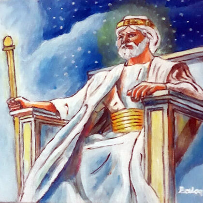 Trónján ülő világokat kormányzó Isten. Akril-vászon 21x33cm rendelésre készült