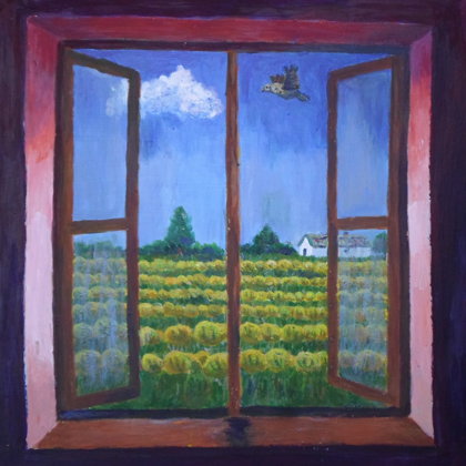 Tökföld egy parasztház ablakából. olaj-farost  rendelésre készült