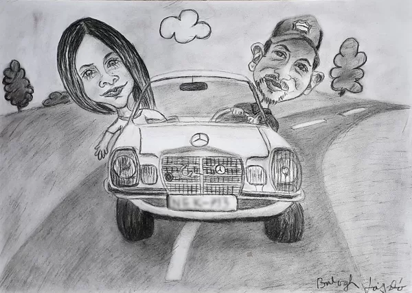 karikatúra egy fiatal párról  A/3-as méret szénceruza rajz rendelésre készült