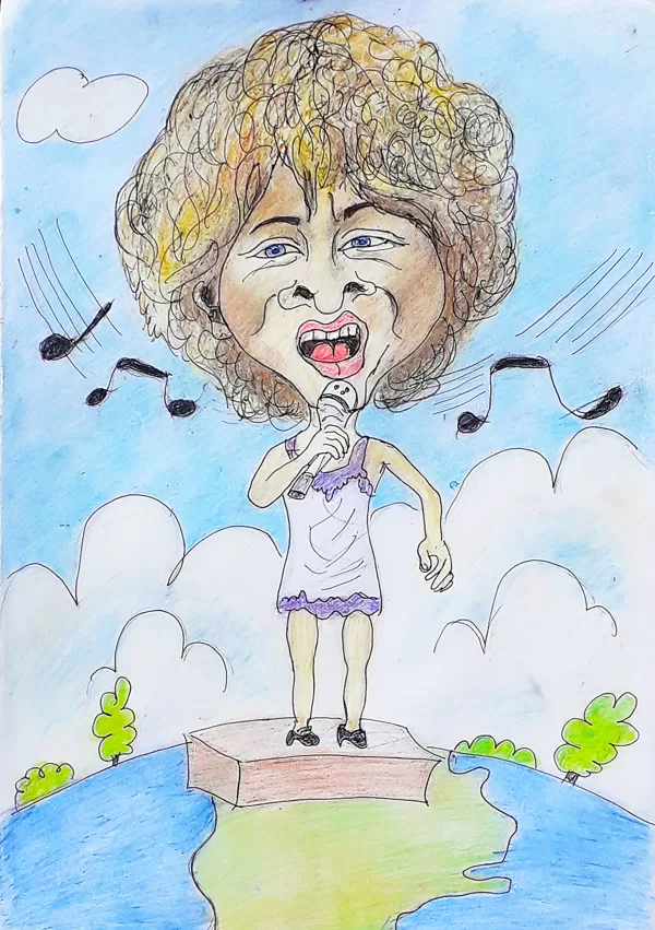 színes karikatúra rajz Tina Turnerről pasztell ceruza A/3 műszaki rajzlap