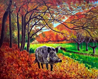 Vaddisznó őszi természeti környezetben. Olaj-farost, 40x60cm  rendelésre készült