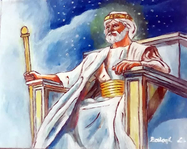 Trónján ülő világokat kormányzó Isten. Akril-vászon 21x33cm rendelésre készült