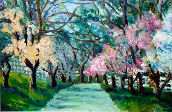 Fák, virágok, fény olaj-farost 60x40cm magántulajdon